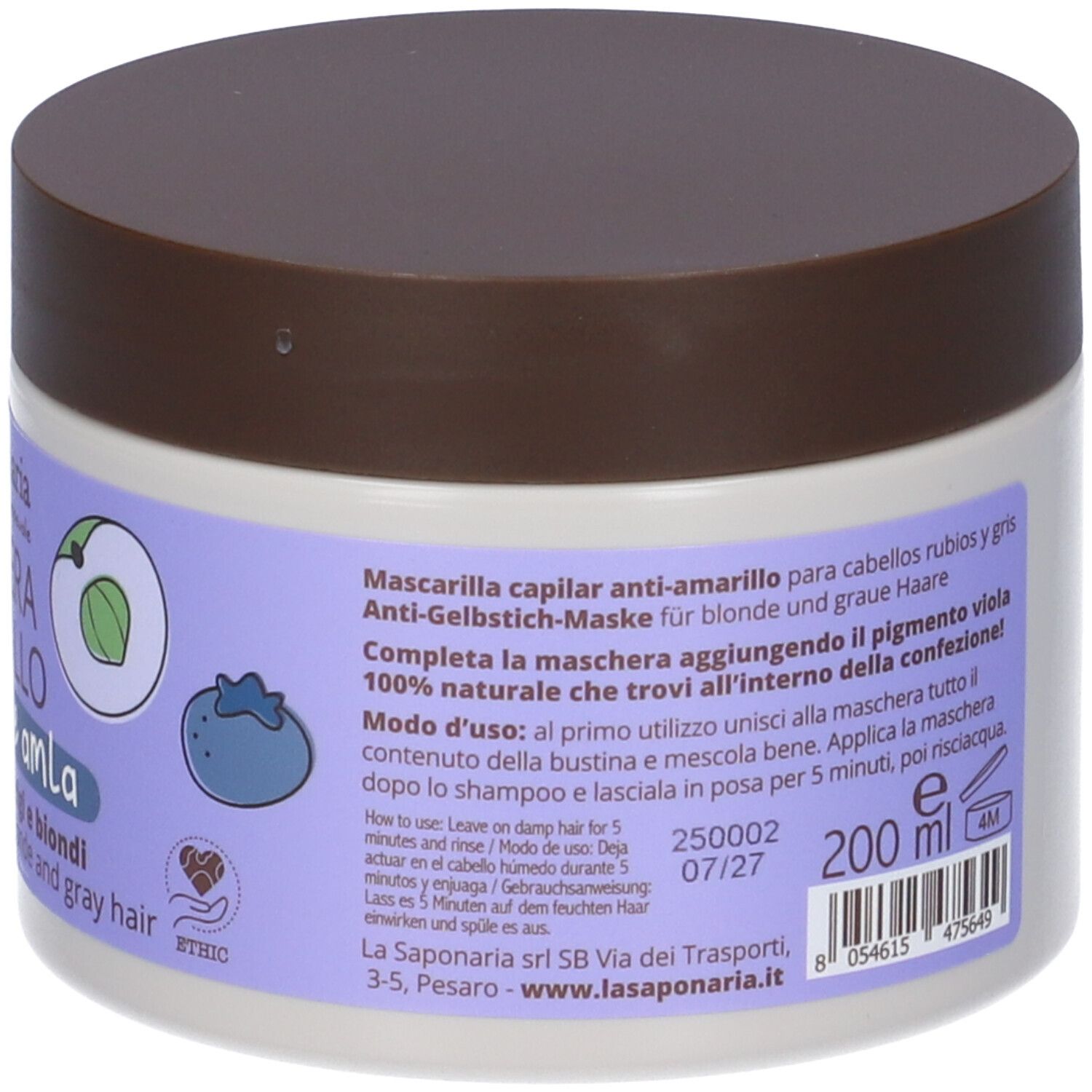 Un barattolo bianco con coperchio marrone contenente una maschera per capelli. Contiene 200 ml.