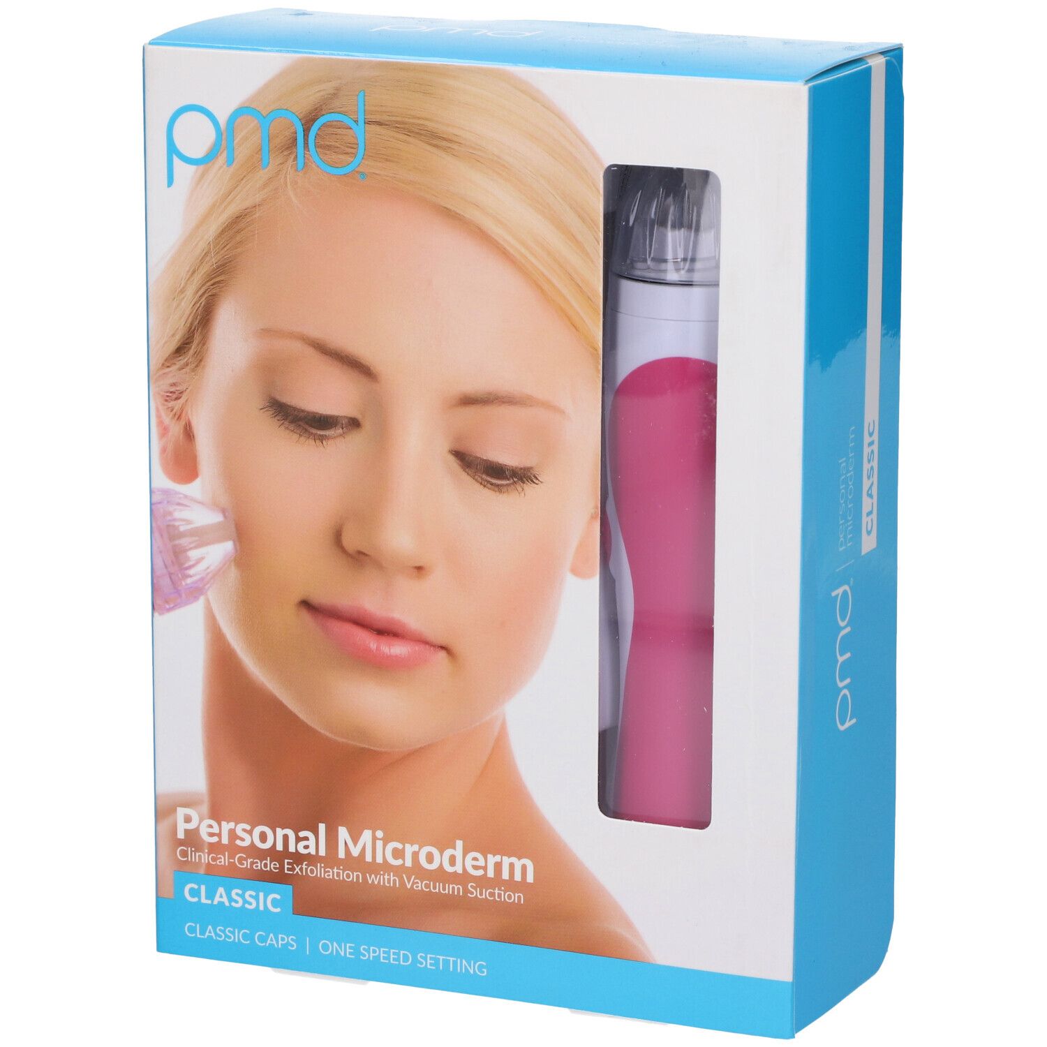 Confezione prodotto. Donna con dispositivo. Logo "pmd". "Personal Microderm Classic". Testo: Esfoliazione di grado clinico con aspirazione.