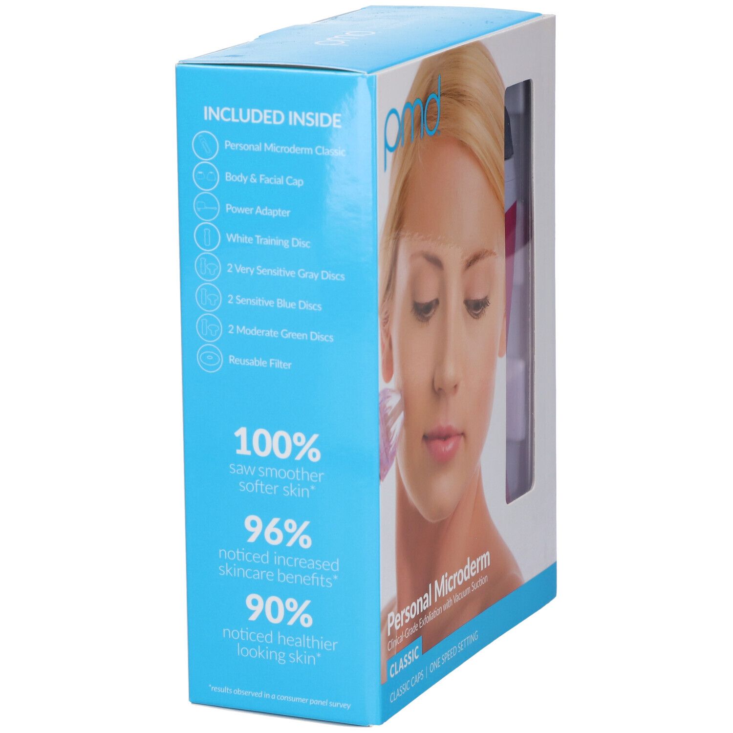 Confezione prodotto. Contenuto: Personal Microderm Classic, punte, adattatore, filtro. Grafici e testo sui benefici.
