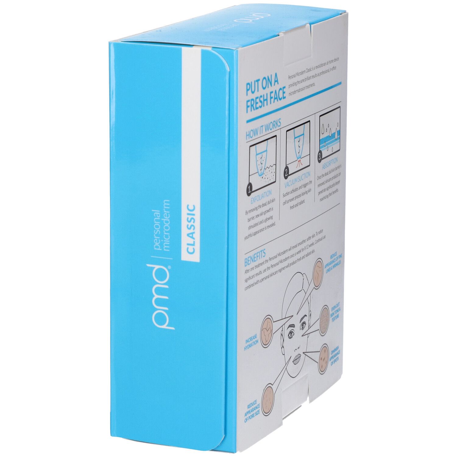 Confezione prodotto. Lato con logo "pmd" e nome prodotto "Personal Microderm Classic".