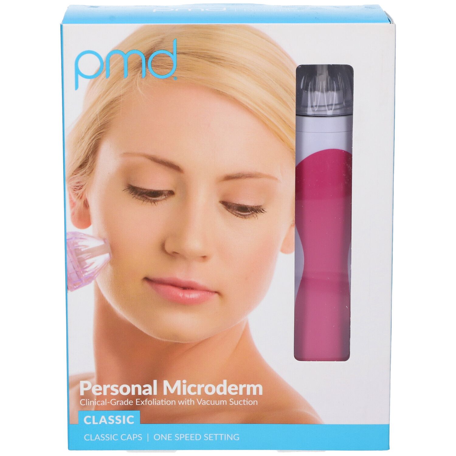 Confezione prodotto. Donna con dispositivo. Logo "pmd". "Personal Microderm Classic". Testo: Esfoliazione di grado clinico con aspirazione.