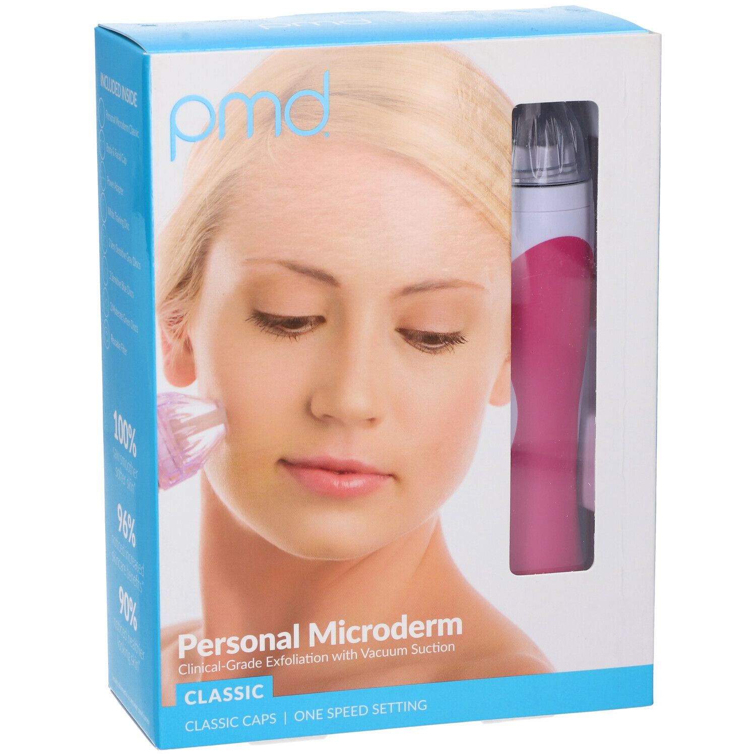 Confezione prodotto. Donna con dispositivo. Logo "pmd". "Personal Microderm Classic". Testo: Esfoliazione di grado clinico con aspirazione.