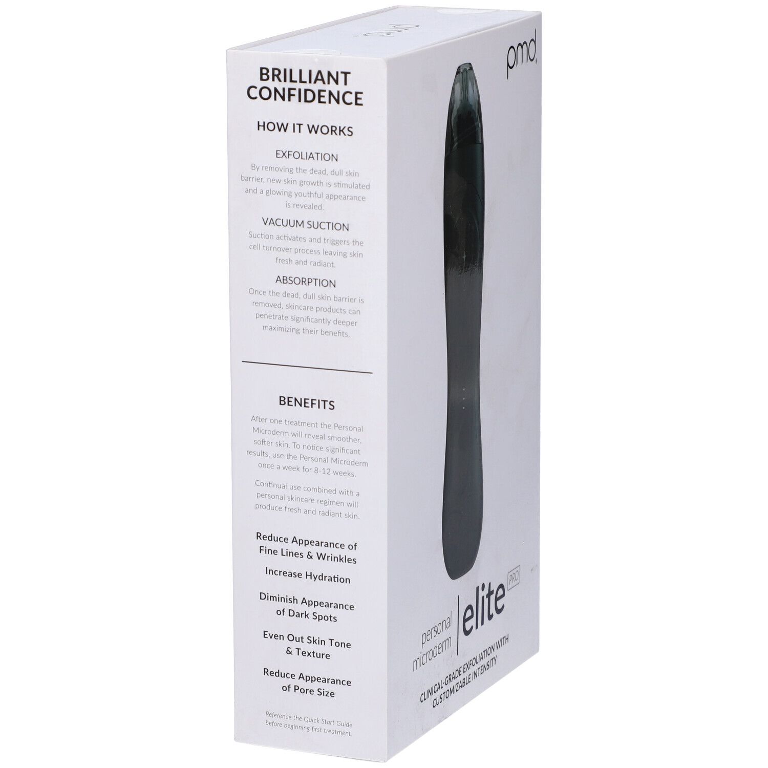 Confezione bianca con PMD Personal Microderm Elite Pro nero. Testo: Brilliant Confidence. Descrizioni di esfoliazione, aspirazione sottovuoto, assorbimento.