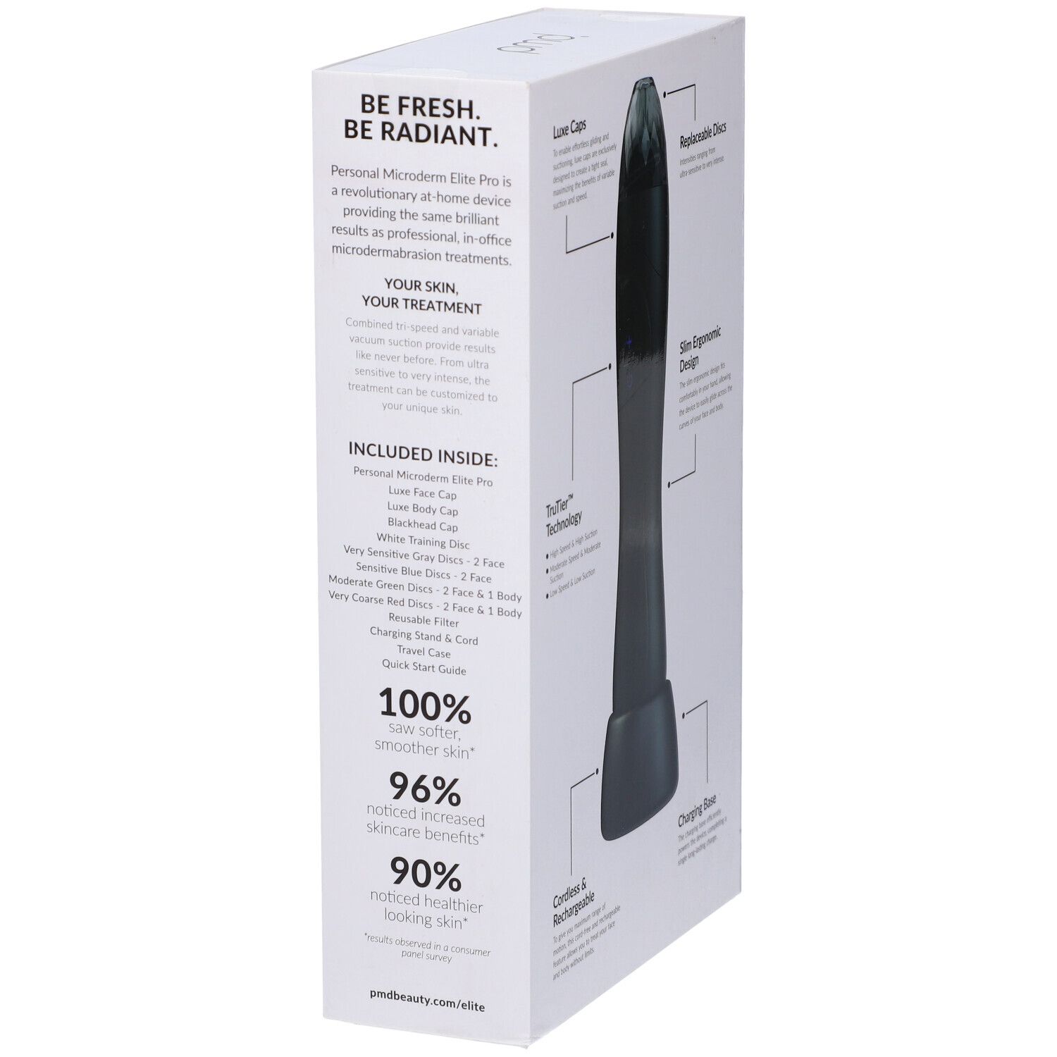 PMD Personal Microderm Elite Pro in confezione bianca. Include: Luxe Caps, dischi di ricambio, asciugamano, guida rapida. 100% pelle più morbida.
