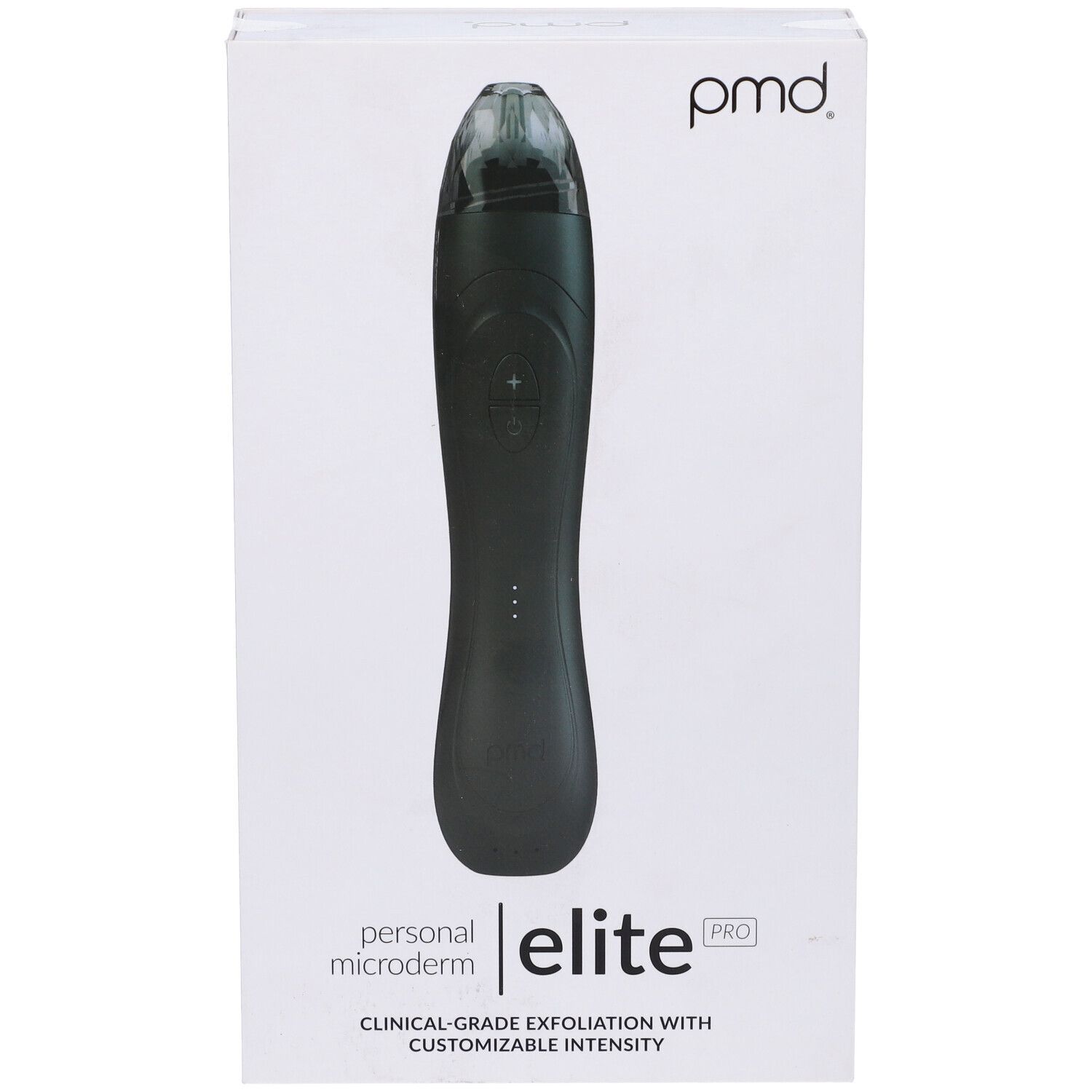 Dispositivo nero PMD Personal Microderm Elite Pro in confezione bianca. Testo: Esfoliazione di grado clinico con intensità personalizzabile.