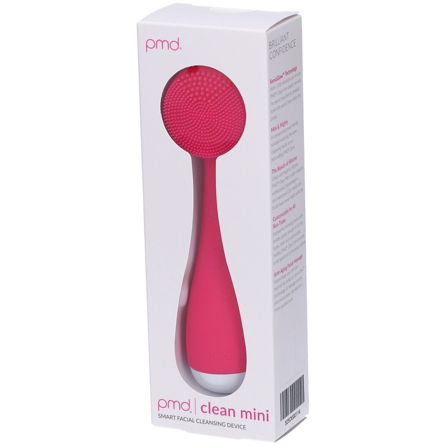 Prodotto in confezione bianca. Detergente viso rosa visibile. Testo: PMD Clean Mini.