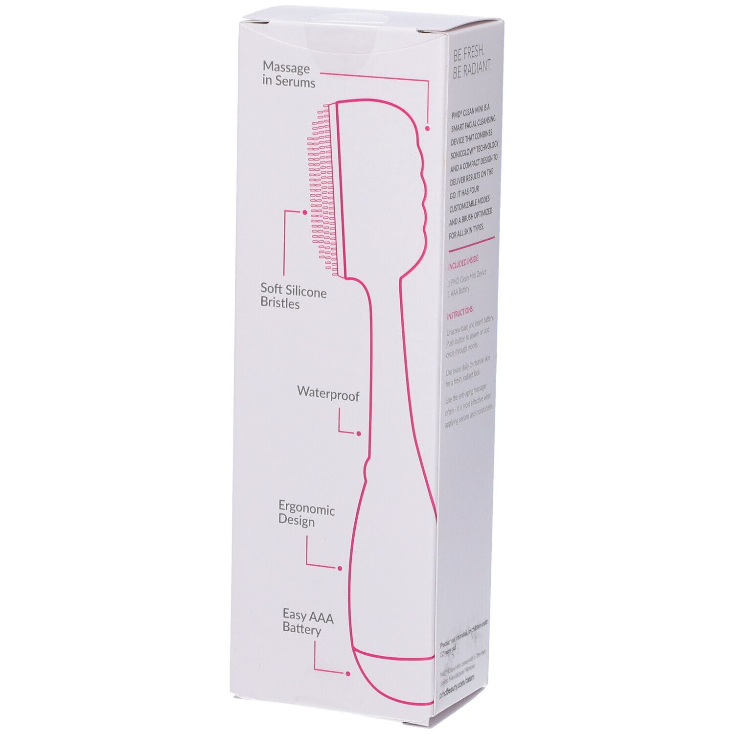 Confezione bianca con diagramma del prodotto. Etichette: Soft Silicone Bristles, Waterproof, Ergonomic Design.