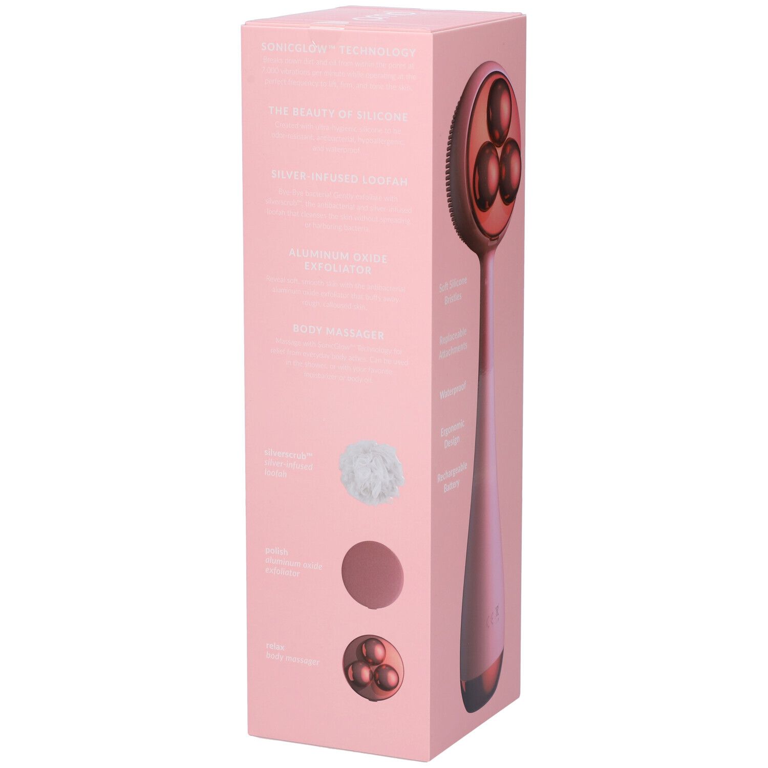 Confezione rosa con PMD Clean Body. Immagine del prodotto e accessori sul retro.
