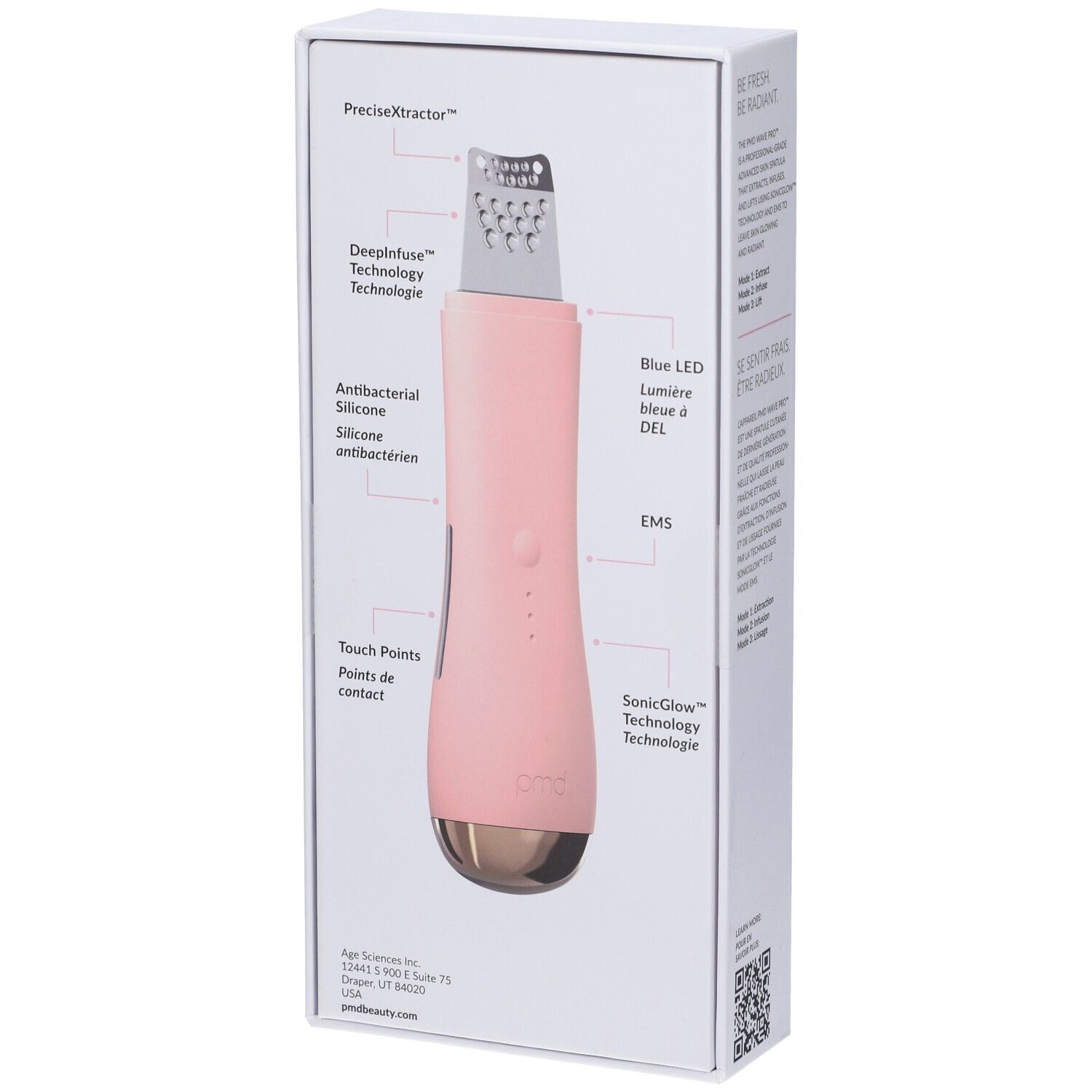 Confezione, nome prodotto 'pmd wave pro'. Diagramma con caratteristiche. Testi: 'PreciseXtractor', 'SonicGlow'.