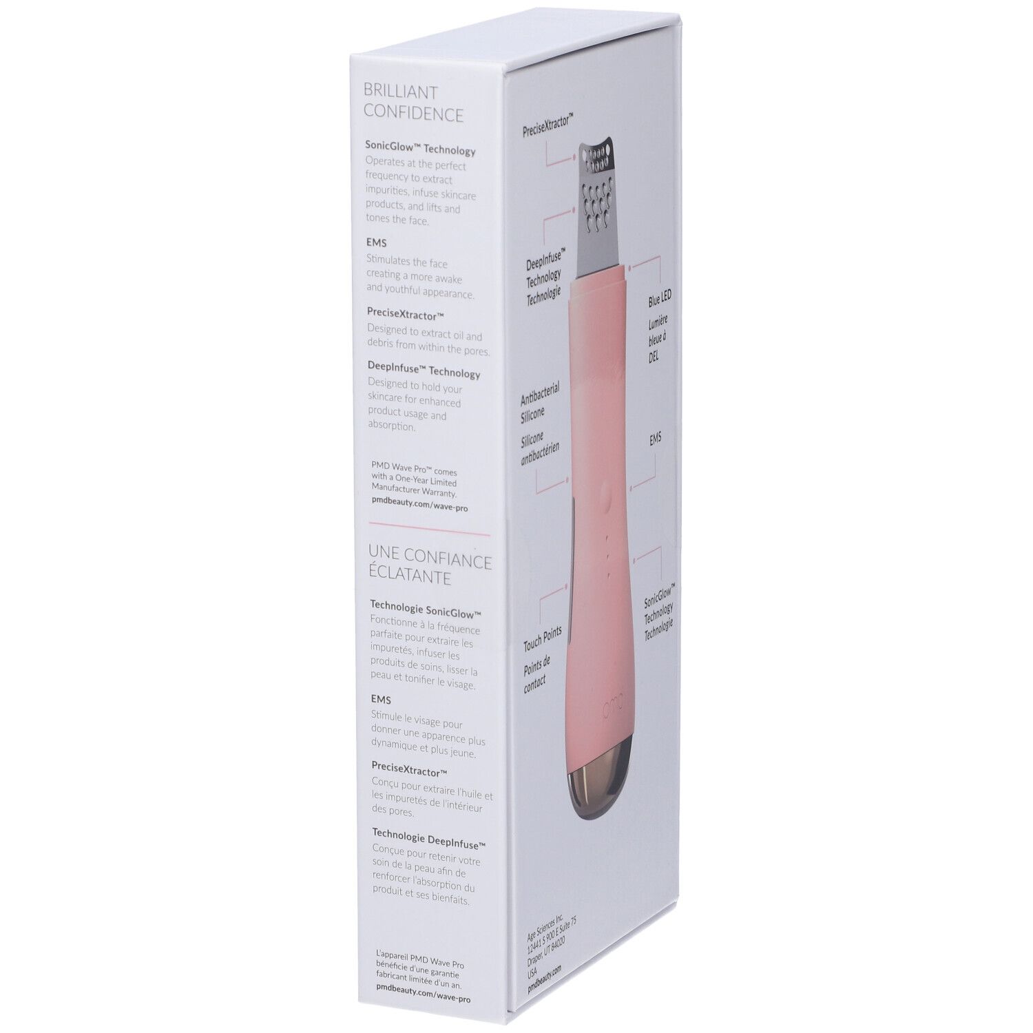 Confezione, nome prodotto 'pmd wave pro'. Testo: 'Brilliant Confidence'. Diagramma con caratteristiche.