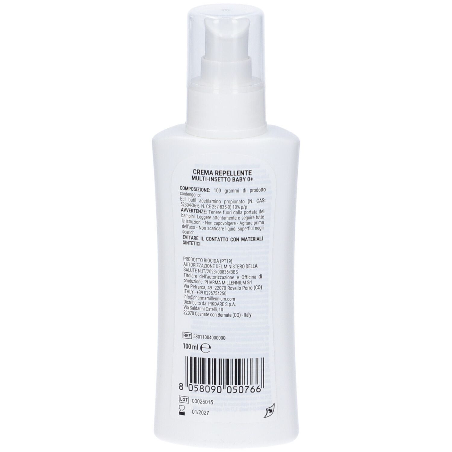 Retro del flacone bianco. Testo con ingredienti, avvertenze e informazioni produttore. Codice a barre e indicazione volume.