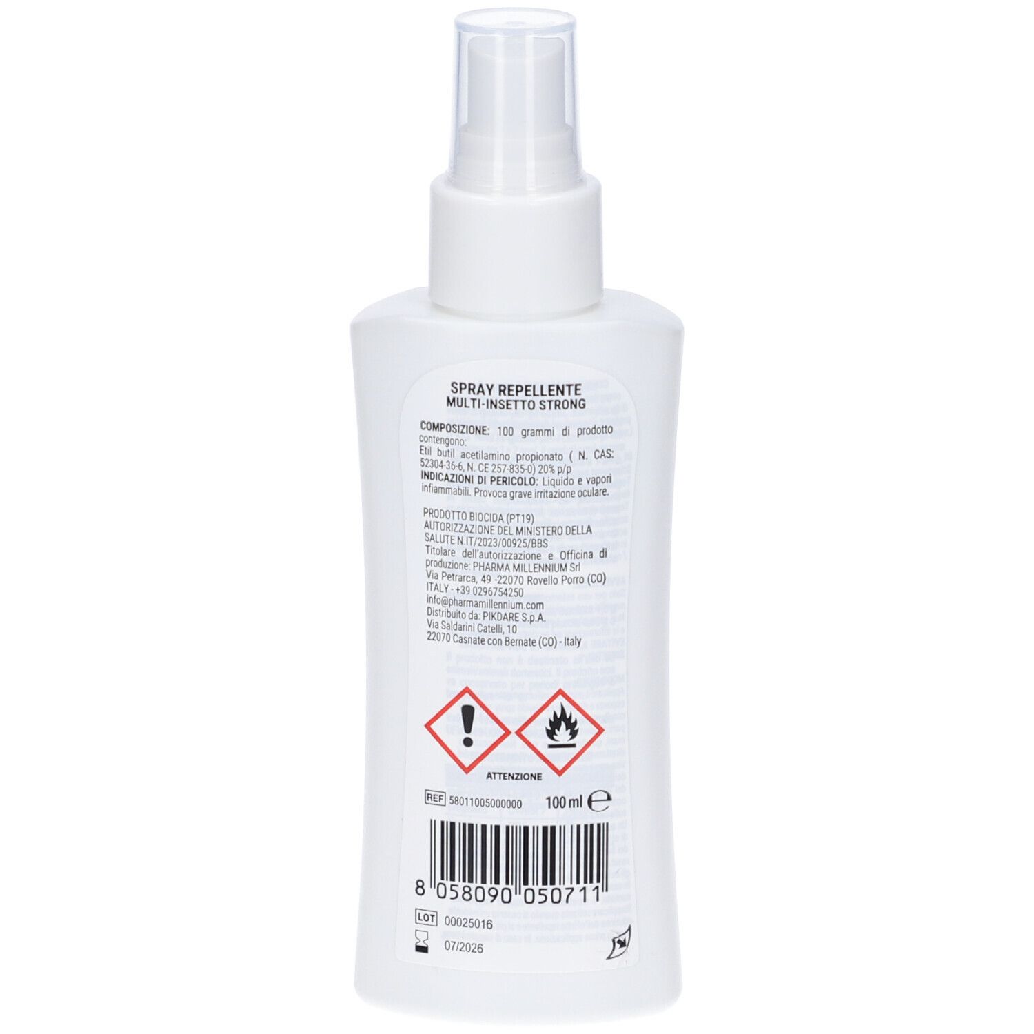 Retro del flacone spray bianco. Testo e pittogrammi. Contiene informazioni sugli ingredienti e avvertenze.