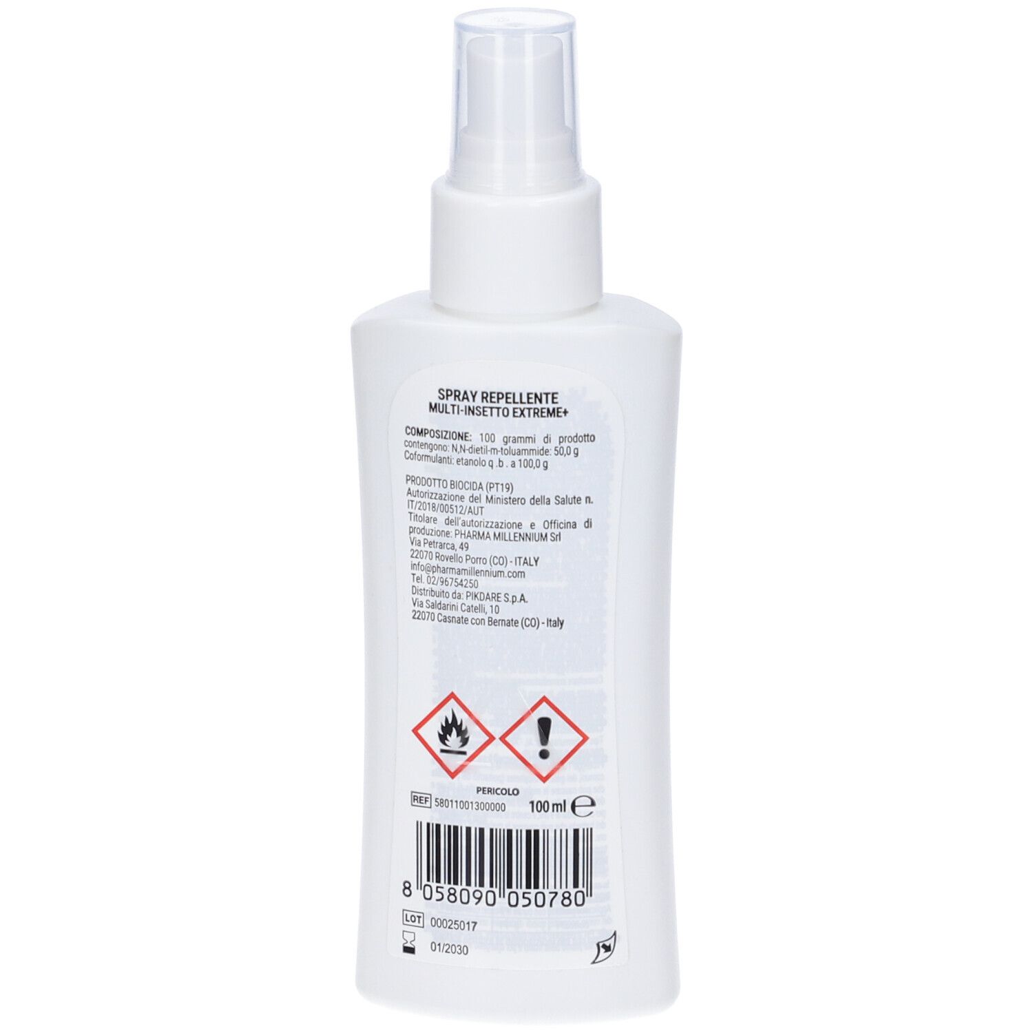 Retro del flacone spray. Contiene testo e simboli di avvertimento. 100 ml. Codice a barre.