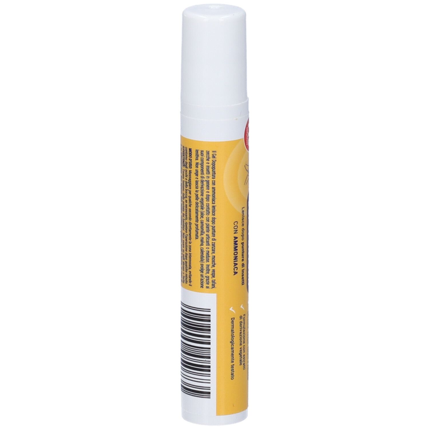Penna con tappo bianco ed etichetta gialla. Codice a barre e testo sull'etichetta.