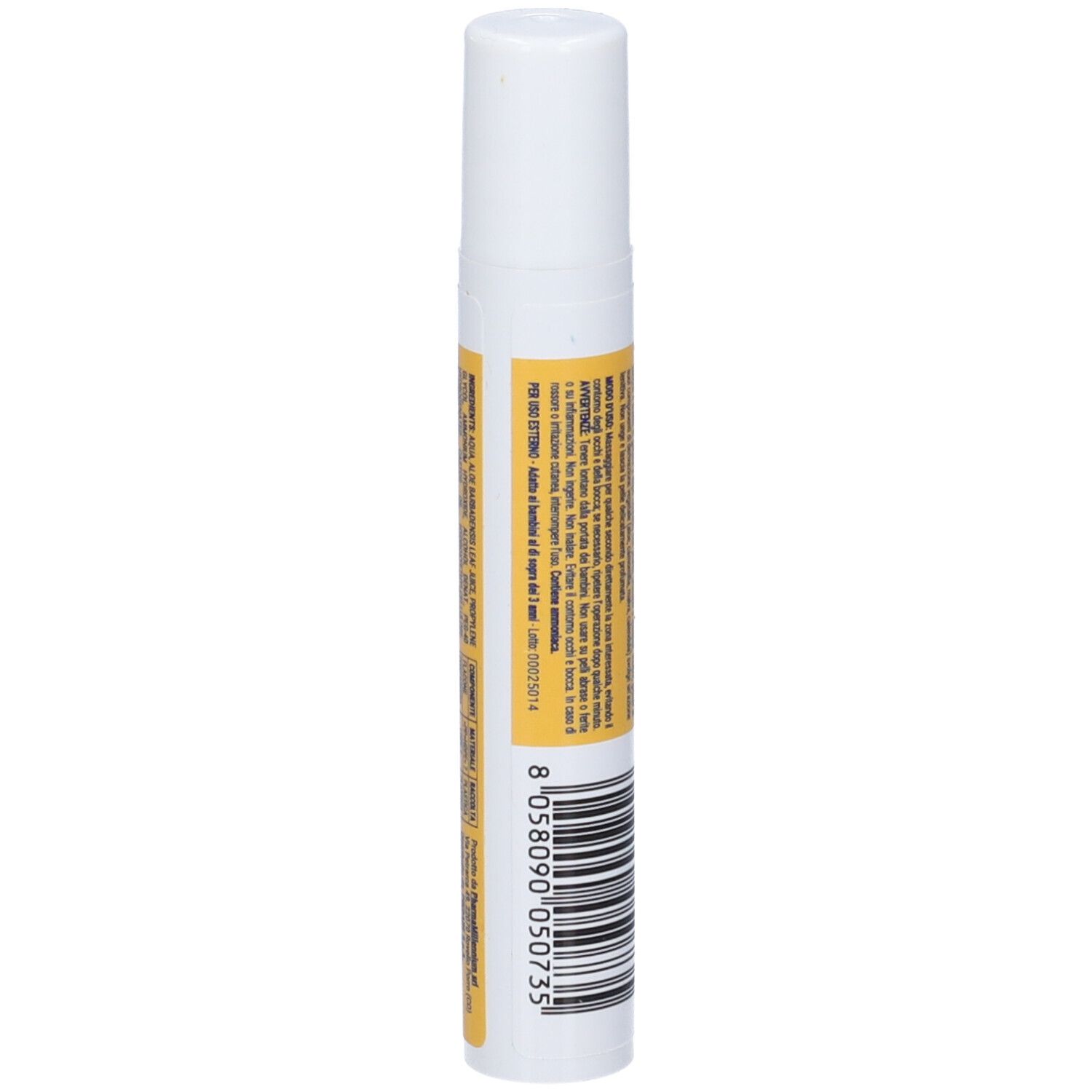 Penna con tappo bianco ed etichetta gialla. Codice a barre e testo sull'etichetta.