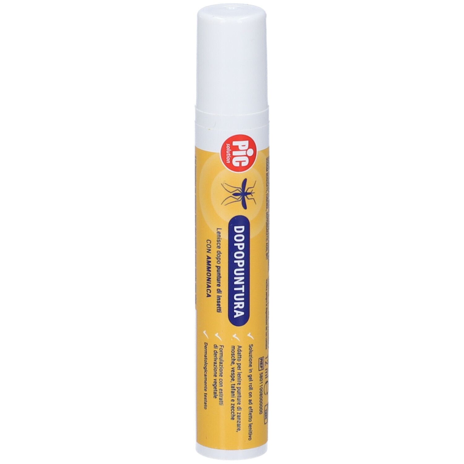 Penna con tappo bianco ed etichetta gialla. Scritta: DOPOPUNTURA, con ammoniaca. Marchio PIC.