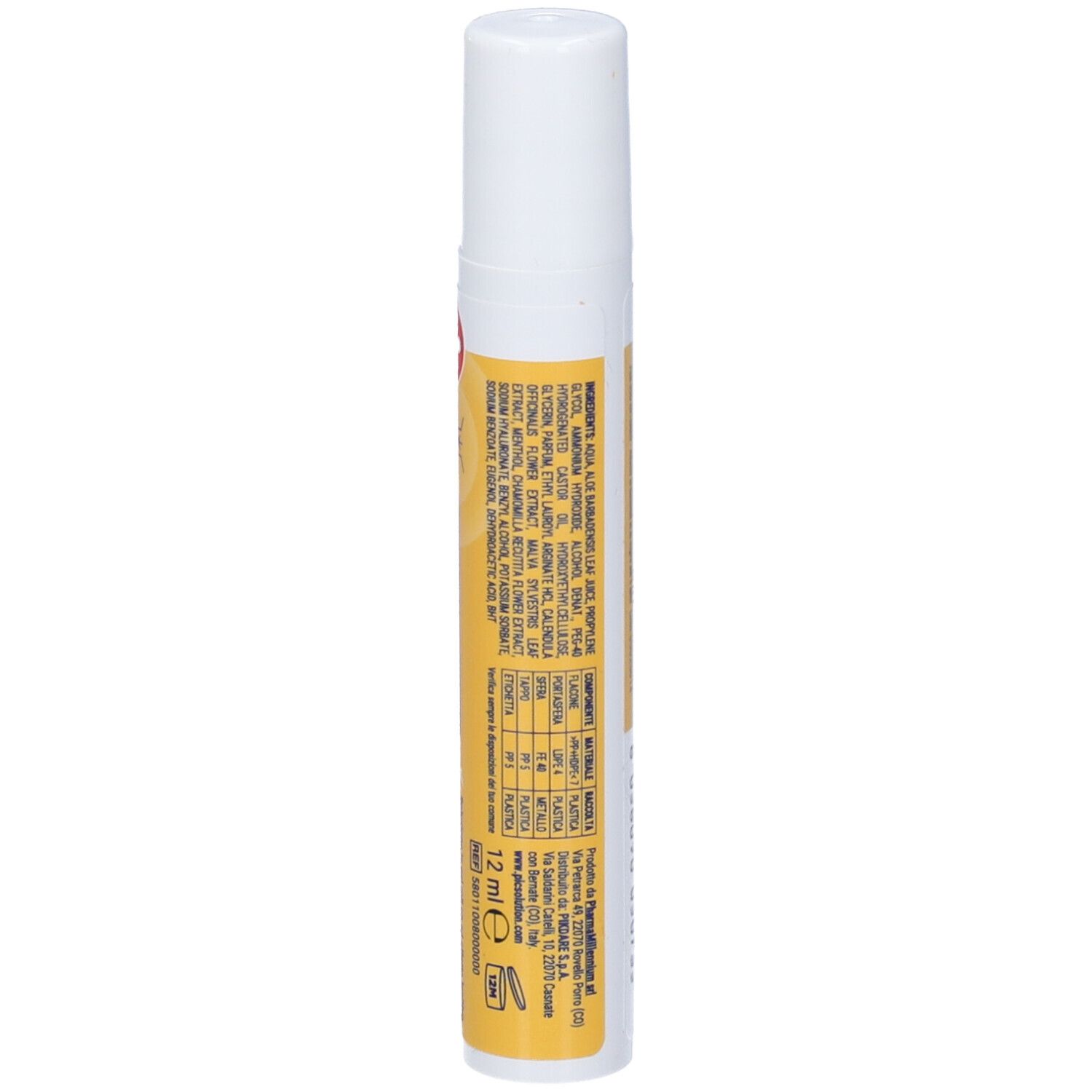 Penna con tappo bianco ed etichetta gialla. Testo e ingredienti sull'etichetta.