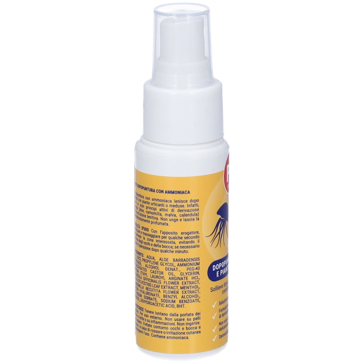 Spray bianco con etichetta gialla. Testo e ingredienti. Scritta: Dopopuntura con ammoniaca. Vista posteriore.