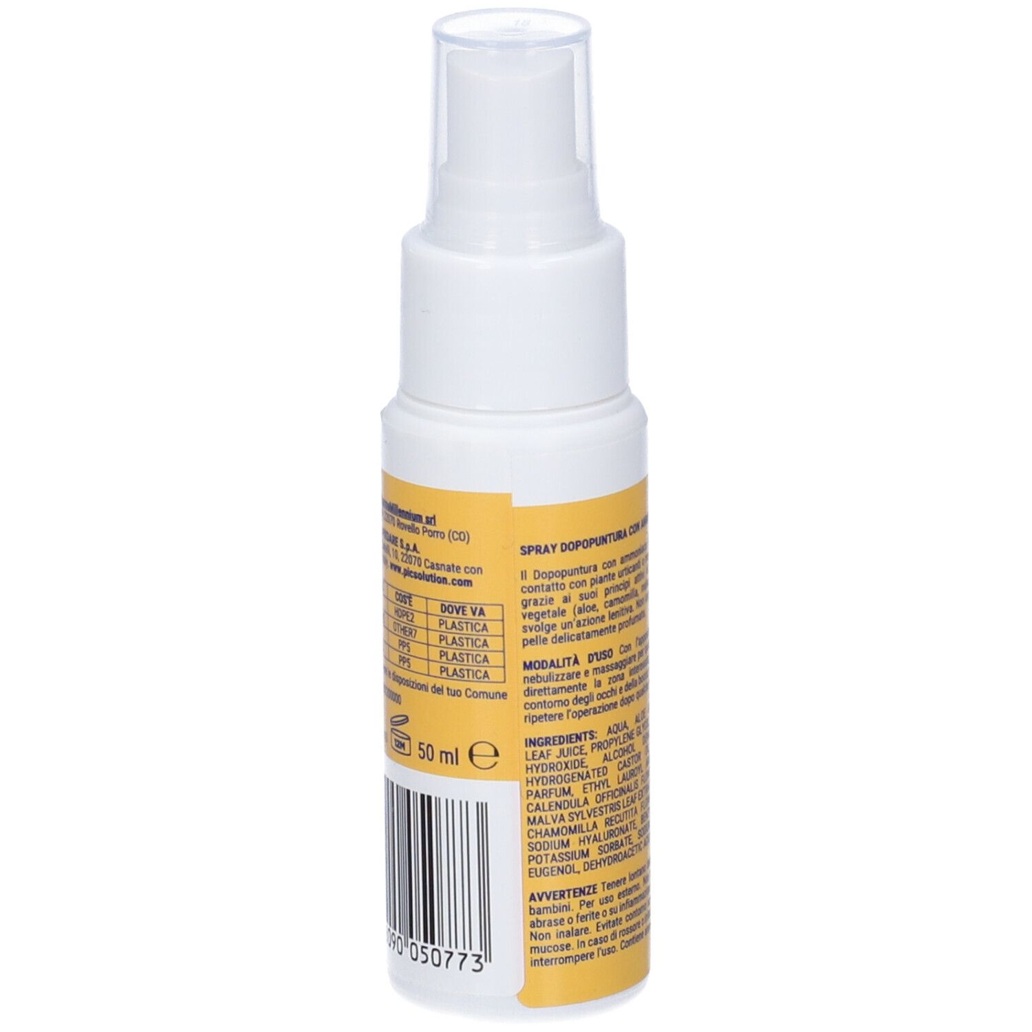 Spray bianco con etichetta gialla. Testo e ingredienti. Scritta: Spray Dopopuntura. 50 ml. Vista posteriore.