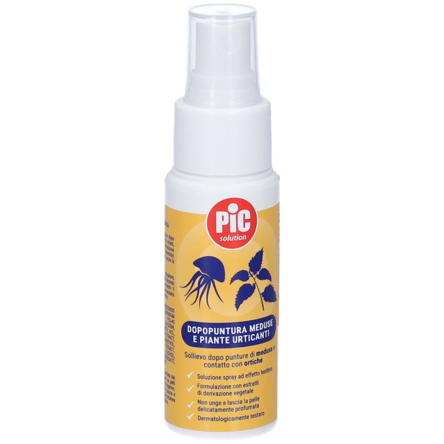 Spray bianco con etichetta gialla. Scritta: PIC solution, Dopopuntura Meduse E Piante Urticanti. Immagine di una medusa e di una pianta.