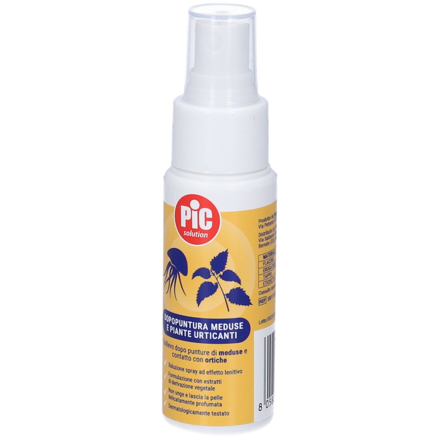 Spray bianco con etichetta gialla. Scritta: PIC solution, Dopopuntura Meduse E Piante Urticanti. Immagine di una medusa e di una pianta.