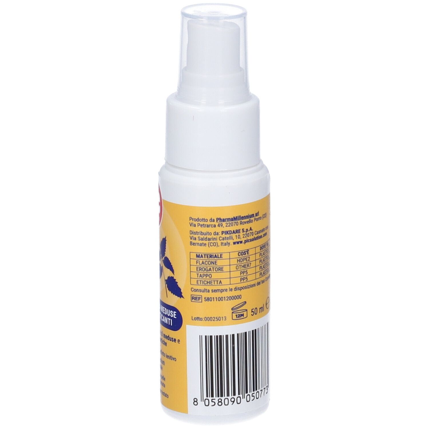 Spray bianco con etichetta gialla. Testo e codice a barre. Scritta: 50 ml. Vista posteriore.