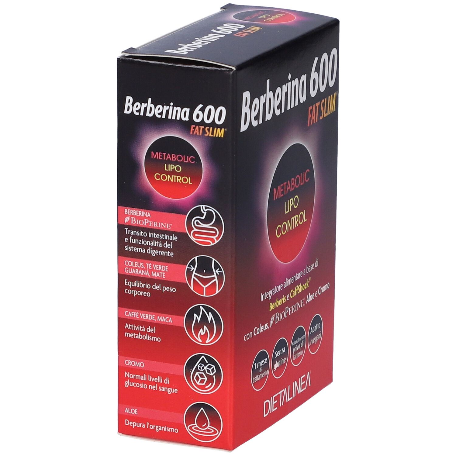 Scatola di Berberina 600. Sfondo nero con sfumatura rossa. Testo: Metabolic Lipo Control, Fat Slim. Marchio: DIETALINEA.