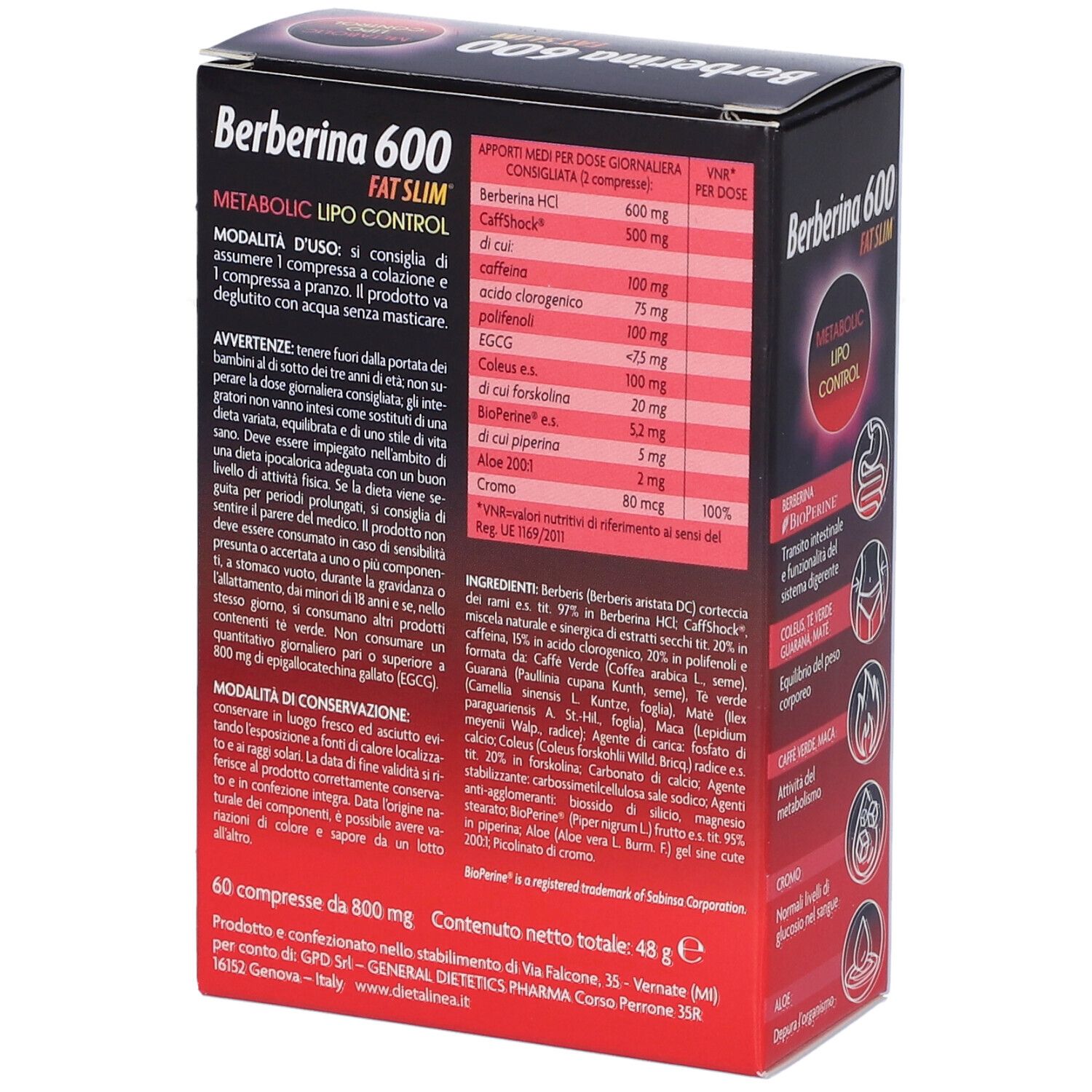 Scatola di Berberina 600. Retro con informazioni nutrizionali e ingredienti. Testo: 60 compresse, 800 mg. Marchio: DIETALINEA.