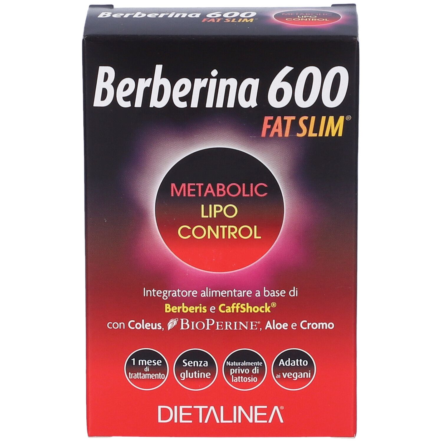 Scatola di Berberina 600. Sfondo nero con sfumatura rossa. Testo: Metabolic Lipo Control, Fat Slim. Marchio: DIETALINEA.