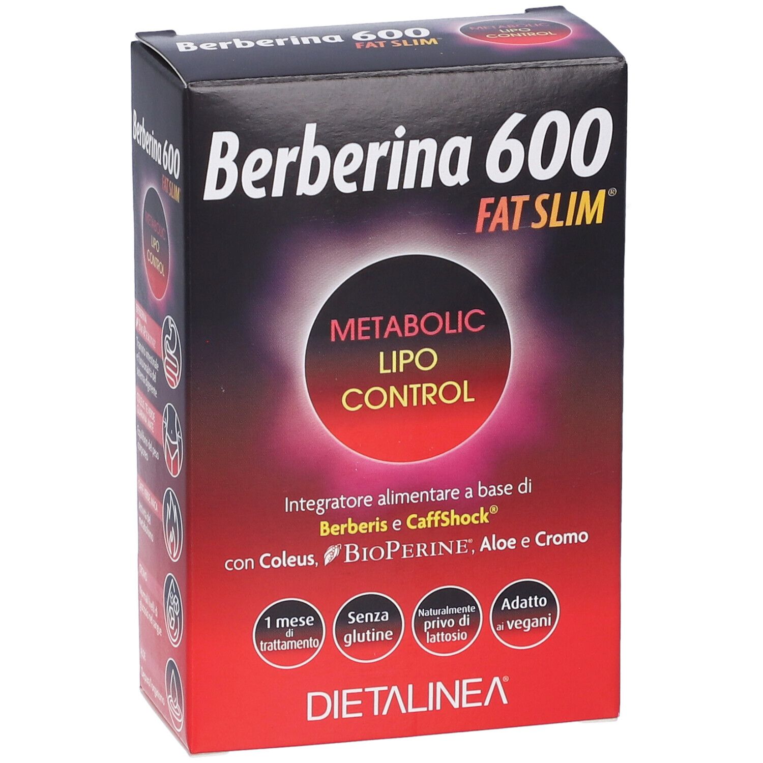 Scatola di Berberina 600. Sfondo nero con sfumatura rossa. Testo: Metabolic Lipo Control, Fat Slim. Marchio: DIETALINEA.