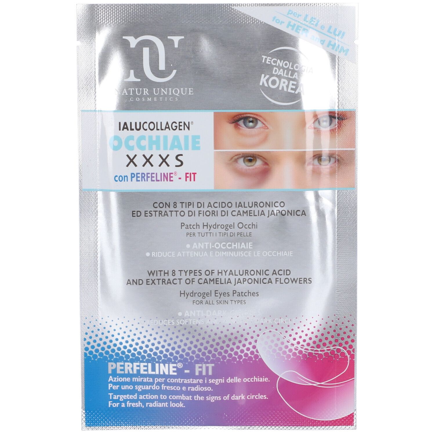 Confezione di patch idrogel per occhi. Testo: IALUCOLLAGEN OCCHIAIE, PERFELINE - FIT. Con 8 tipi di acido ialuronico ed estratto di camelia.