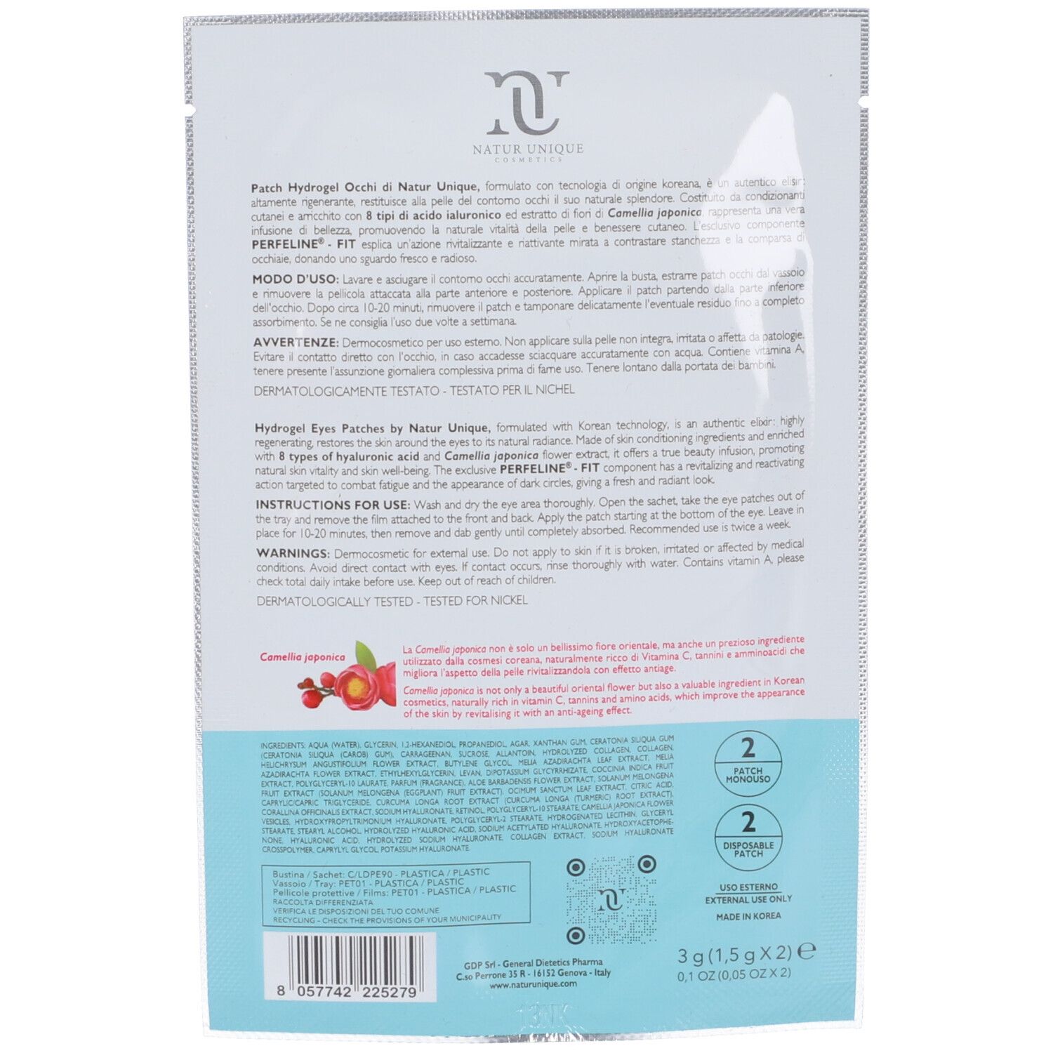 Retro della confezione di patch idrogel per occhi. Testo: Hydrogel Eye Patches by Natur Unique. Istruzioni per l'uso e ingredienti.