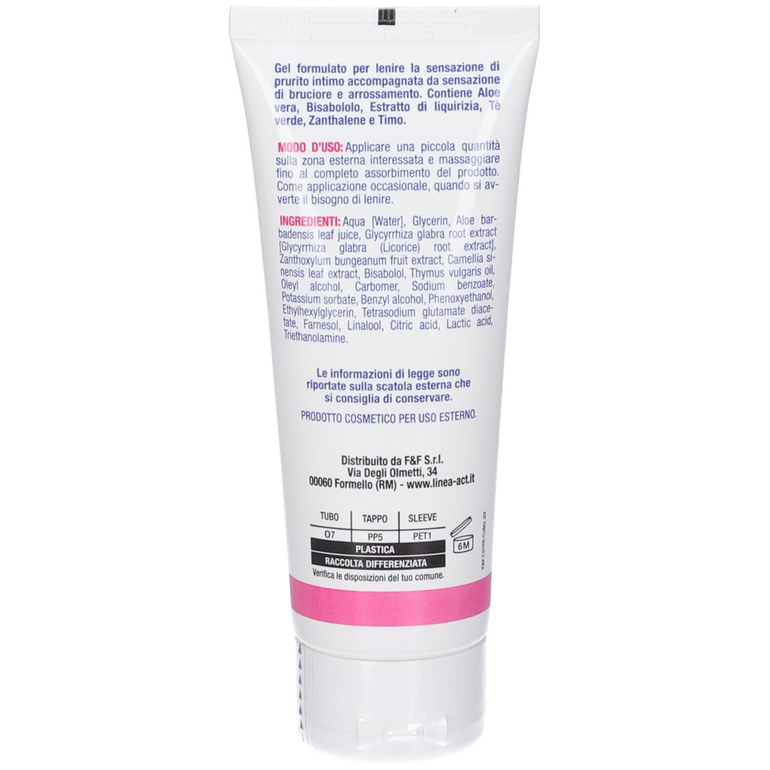 Tubo bianco con accento rosa, contiene una formulazione in gel per la cura intima.