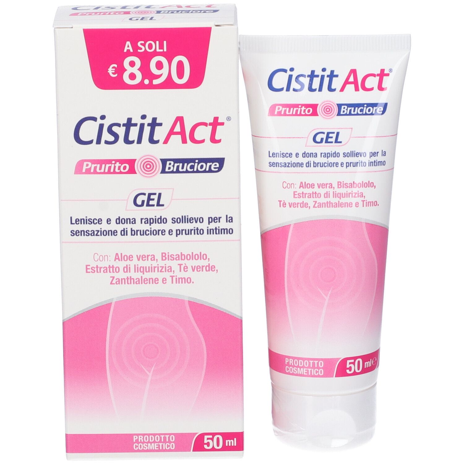 Tubo e scatola CistitAct Gel, 50ml. Contiene Aloe Vera, Bisabololo, estratto di liquirizia, tè verde, xantano e timo.