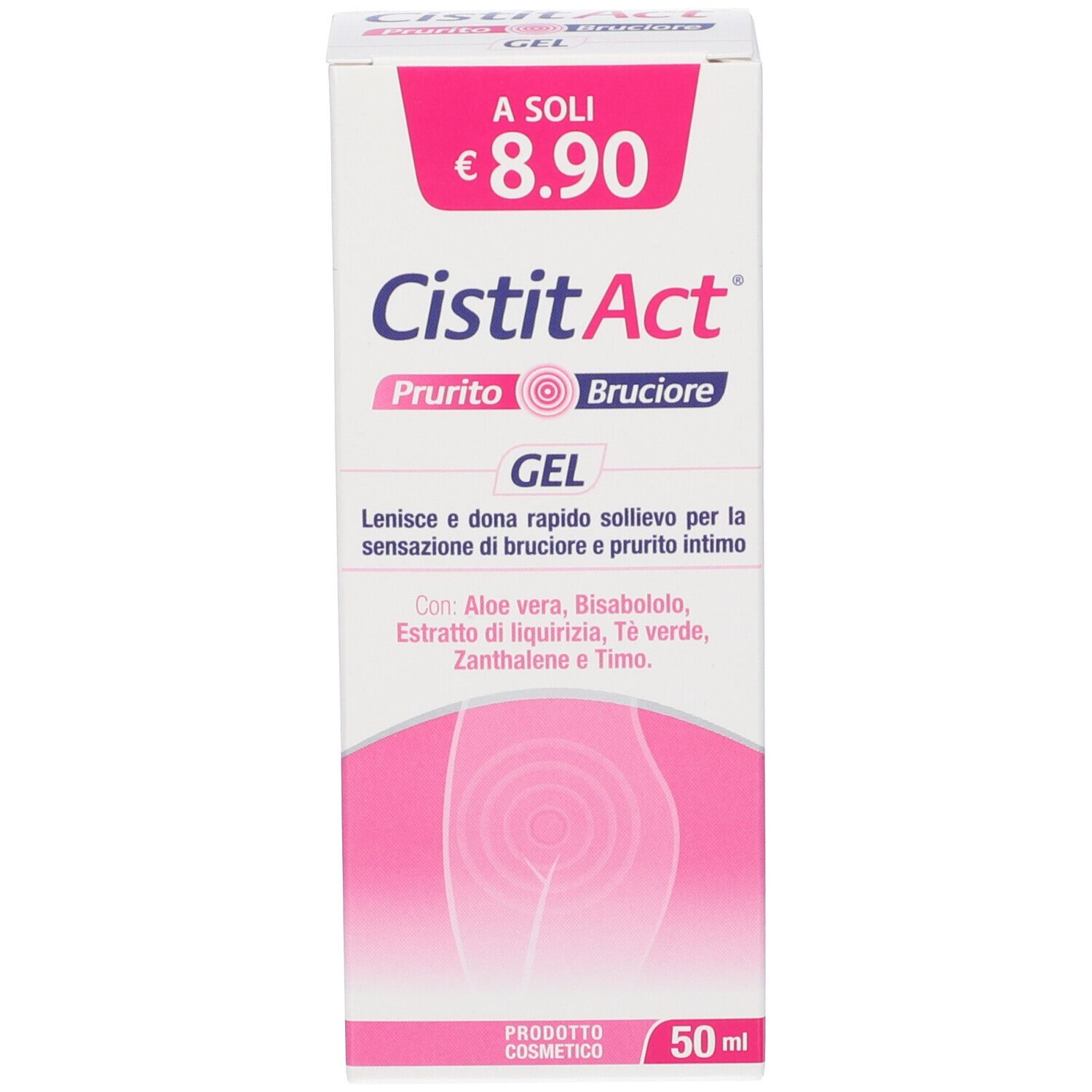 Confezione di gel CistitAct, 50 ml, con indicazioni per prurito e bruciore.