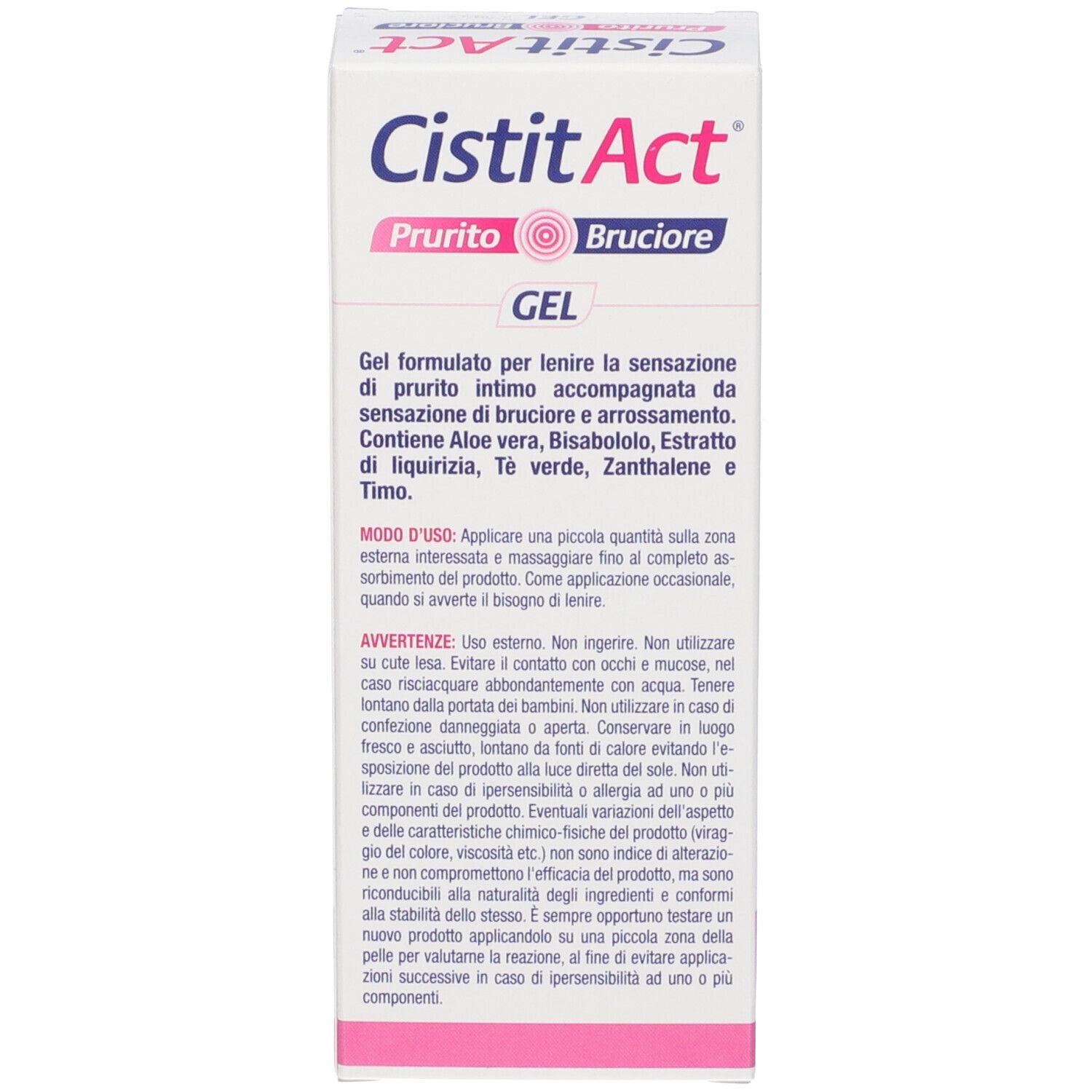Gel Cistit Act: Lenisce prurito e bruciore. Contiene Aloe Vera, estratto di liquirizia, tè verde, Zanthalene e timo.
