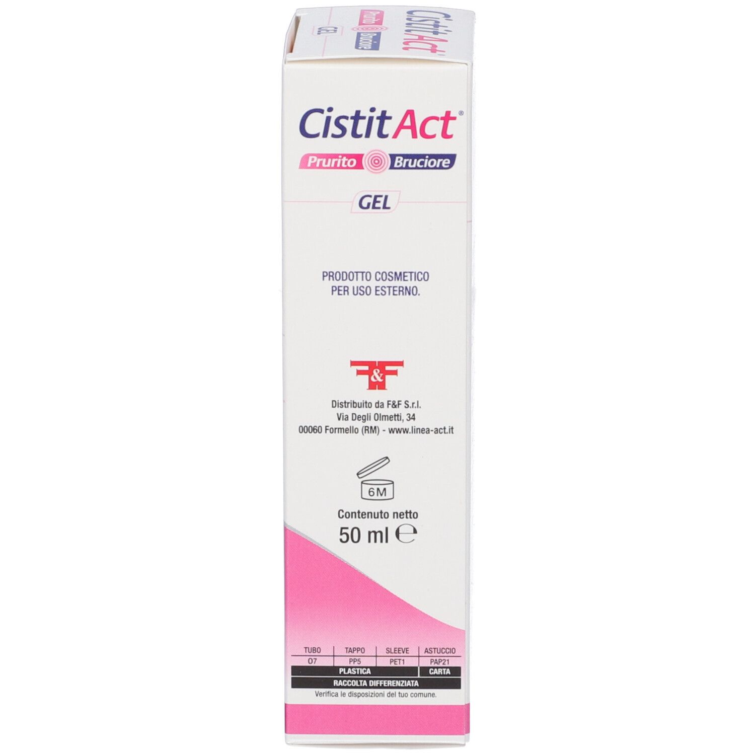 Confezione CistitAct Gel con scritte 'Prurito Bruciore' e 'Prodotto Cosmetico per Uso Esterno'. Contenuto 50 ml.