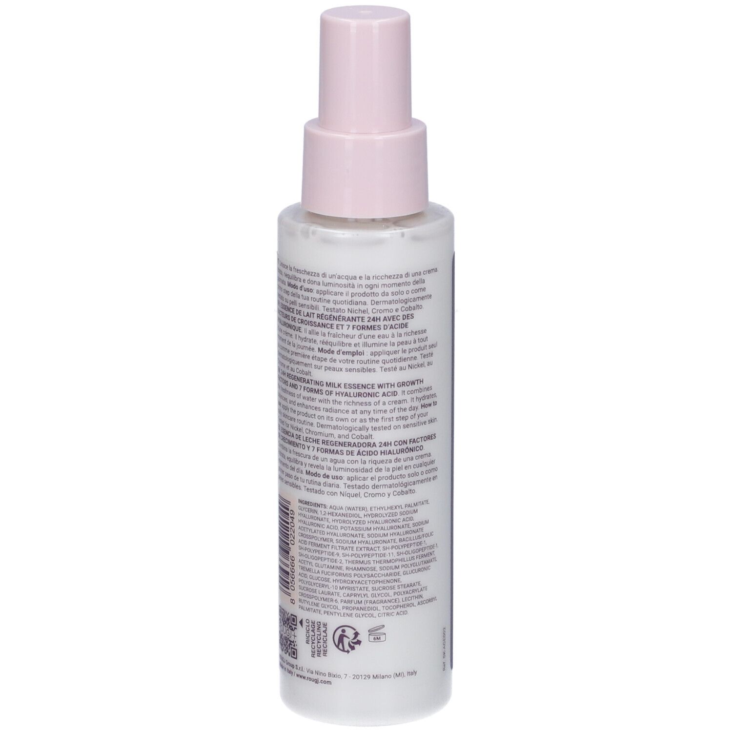 Flacone bianco con vaporizzatore rosa. Retro con testo multilingue. Codice QR e loghi.