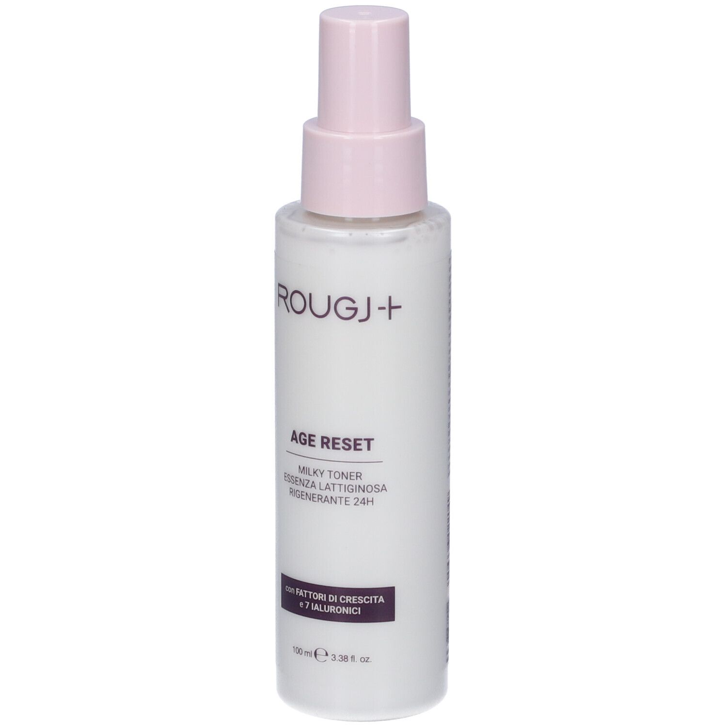 Flacone bianco con vaporizzatore rosa. Scritta: ROUGJ+, AGE RESET, MILKY TONER, Essenza Lattiginosa Rigenerante 24H.