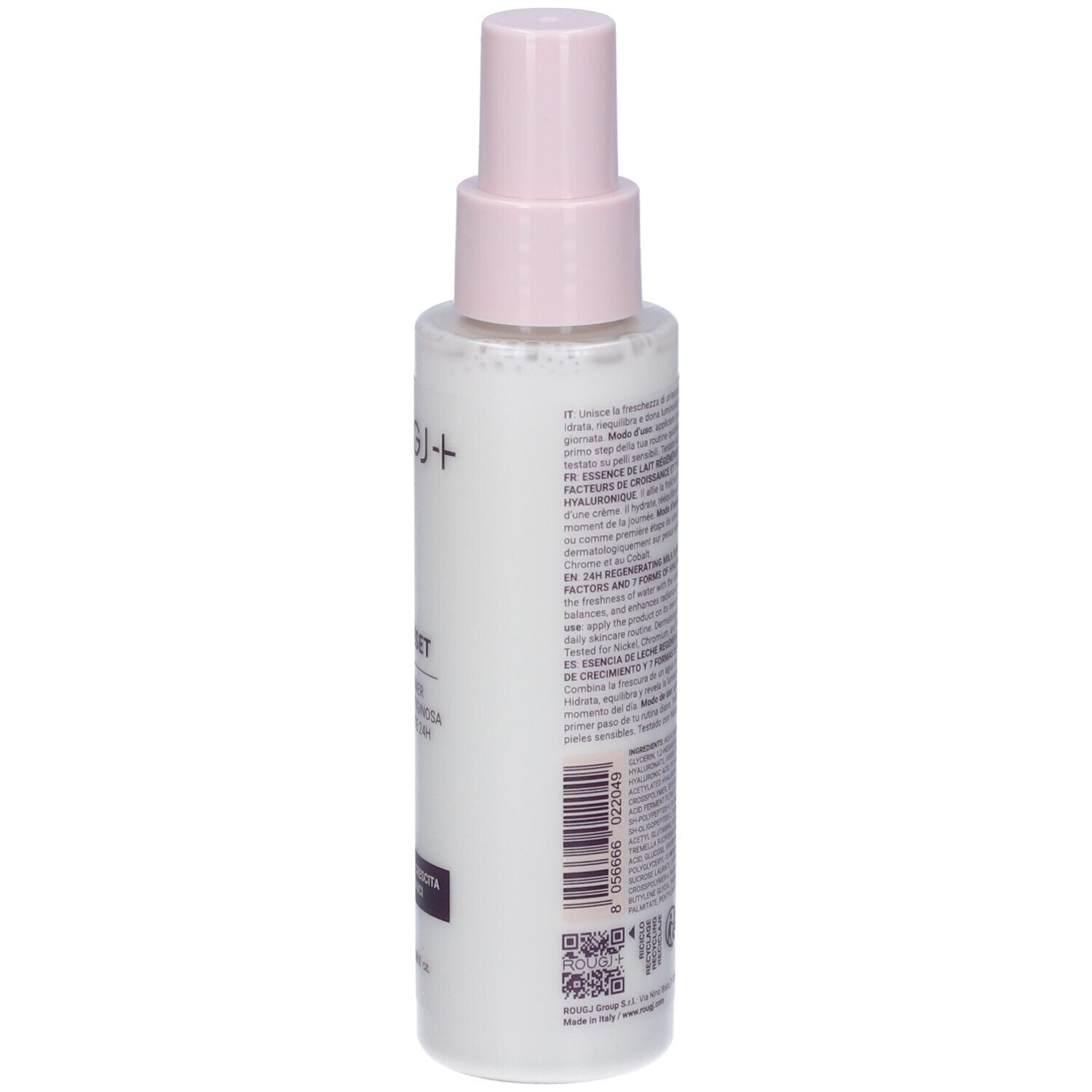 Flacone bianco con vaporizzatore rosa. Retro con testo multilingue. Codice QR e loghi.