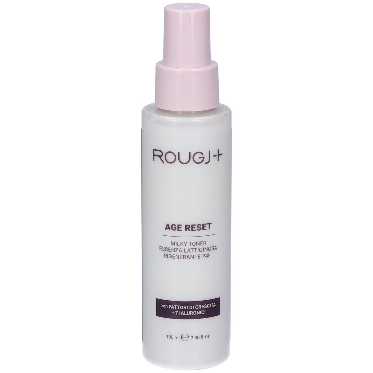 Flacone bianco con vaporizzatore rosa. Scritta: ROUGJ+, AGE RESET, MILKY TONER, Essenza Lattiginosa Rigenerante 24H.
