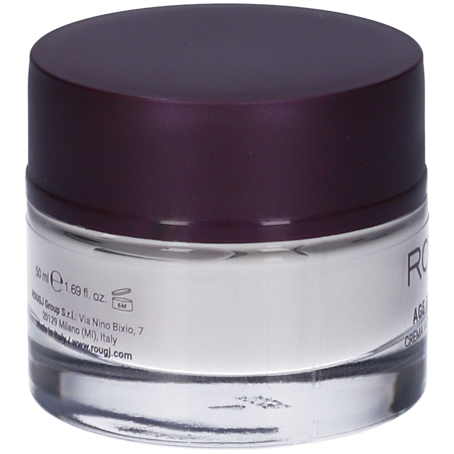 Vasetto di crema con coperchio scuro. Scritta: 50 ml, 1.69 fl. oz. Informazioni sul retro.