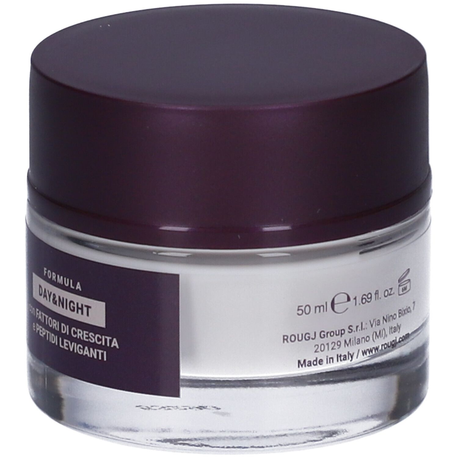 Vasetto di crema con coperchio scuro. Scritta: FORMULA DAY&NIGHT, ingredienti. 50 ml, 1.69 fl. oz.