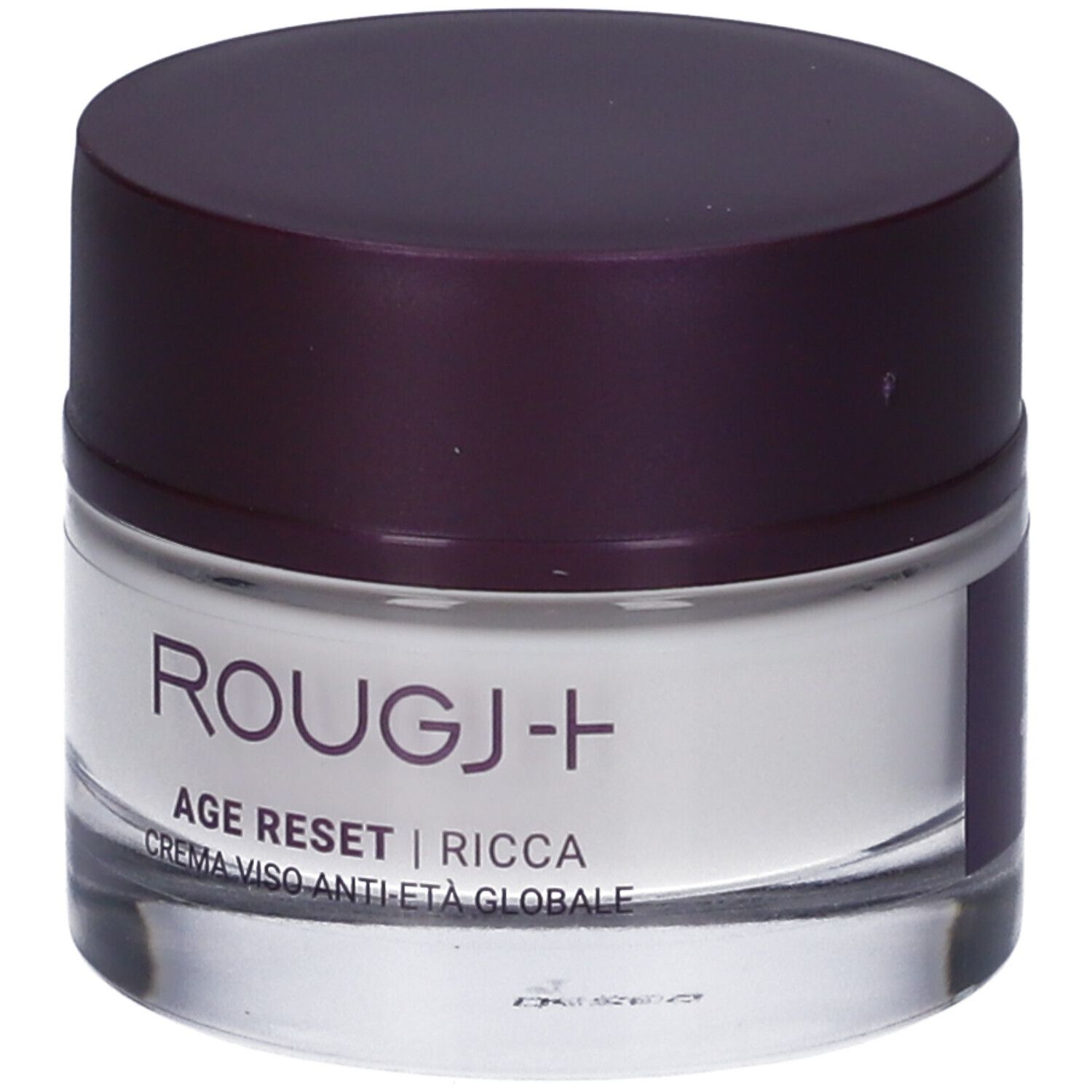 Vasetto di crema con coperchio scuro. Scritta: ROUGJ+ AGE RESET RICCA CREMA VISO ANTI-ETÀ GLOBALE.