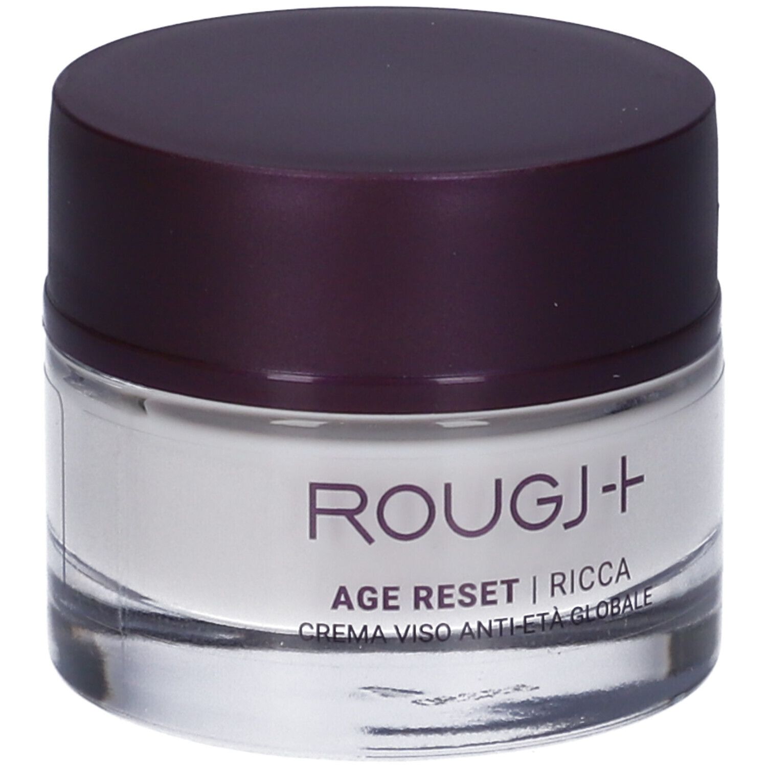 Vasetto di crema con coperchio scuro. Scritta: ROUGJ+ AGE RESET RICCA CREMA VISO ANTI-ETÀ GLOBALE.