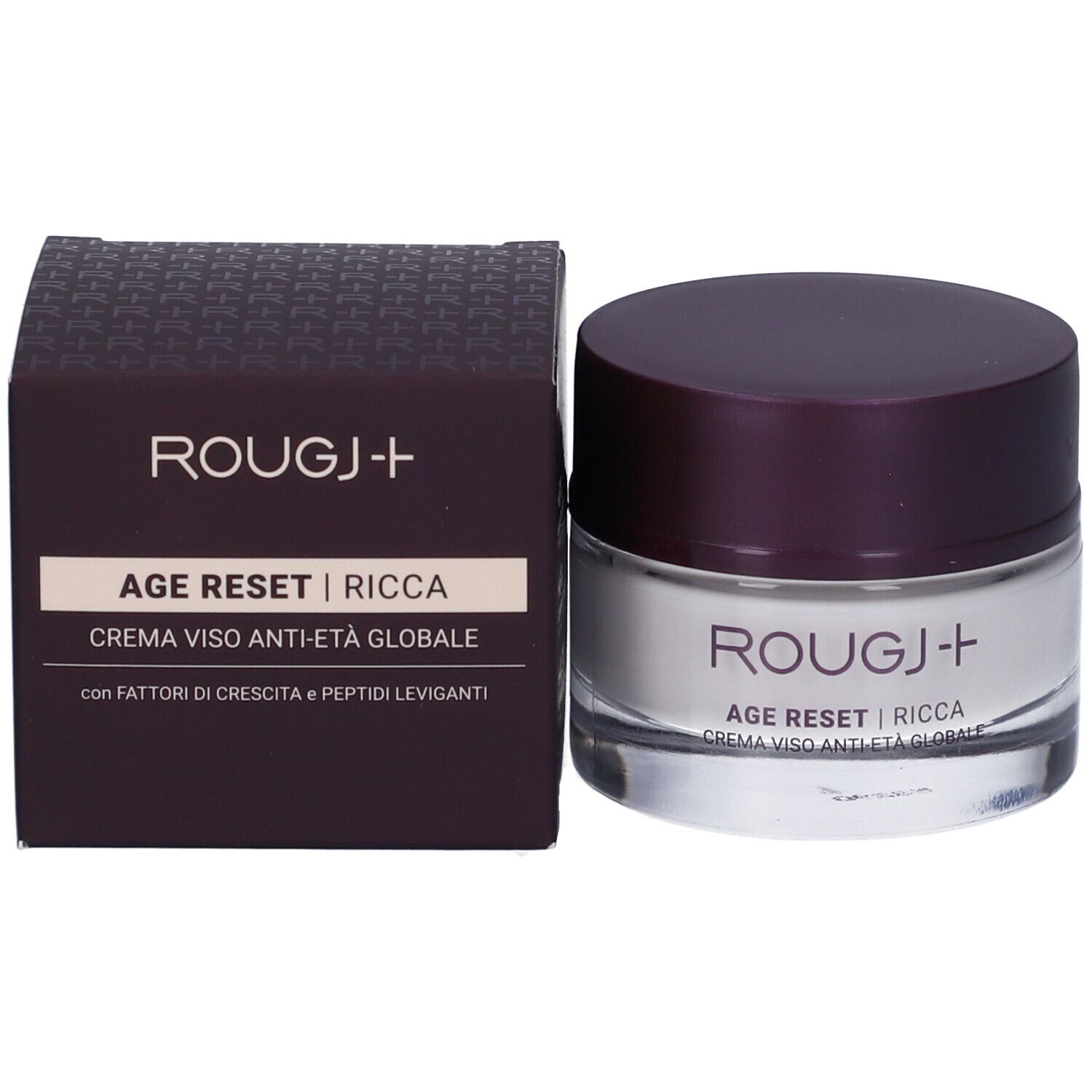 Vasetto di crema e scatola. Scritta: ROUGJ+, AGE RESET RICCA CREMA VISO ANTI-ETÀ GLOBALE.