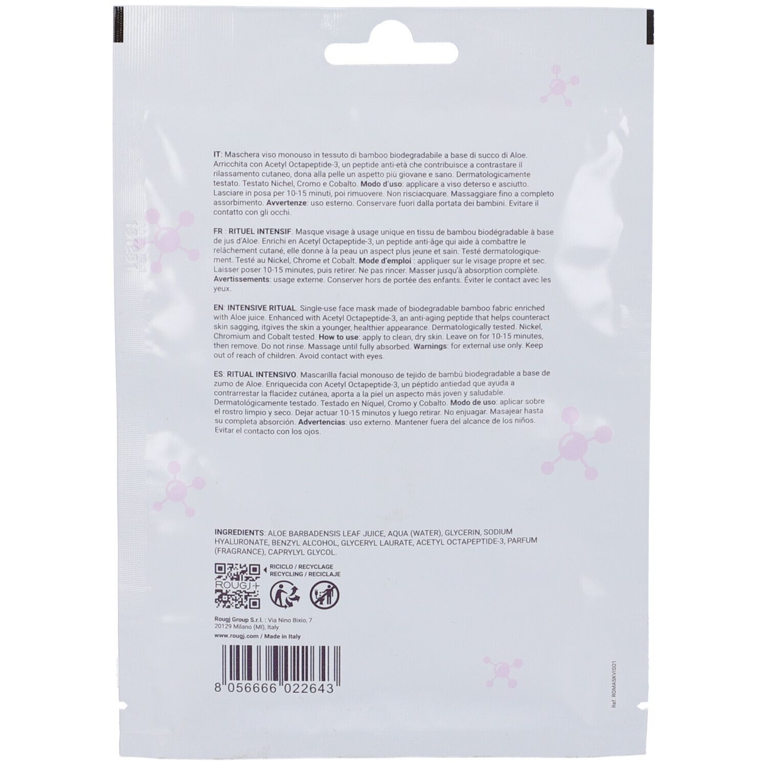 Retro della confezione della maschera viso. Testo: ingredienti, avvertenze, informazioni del produttore.