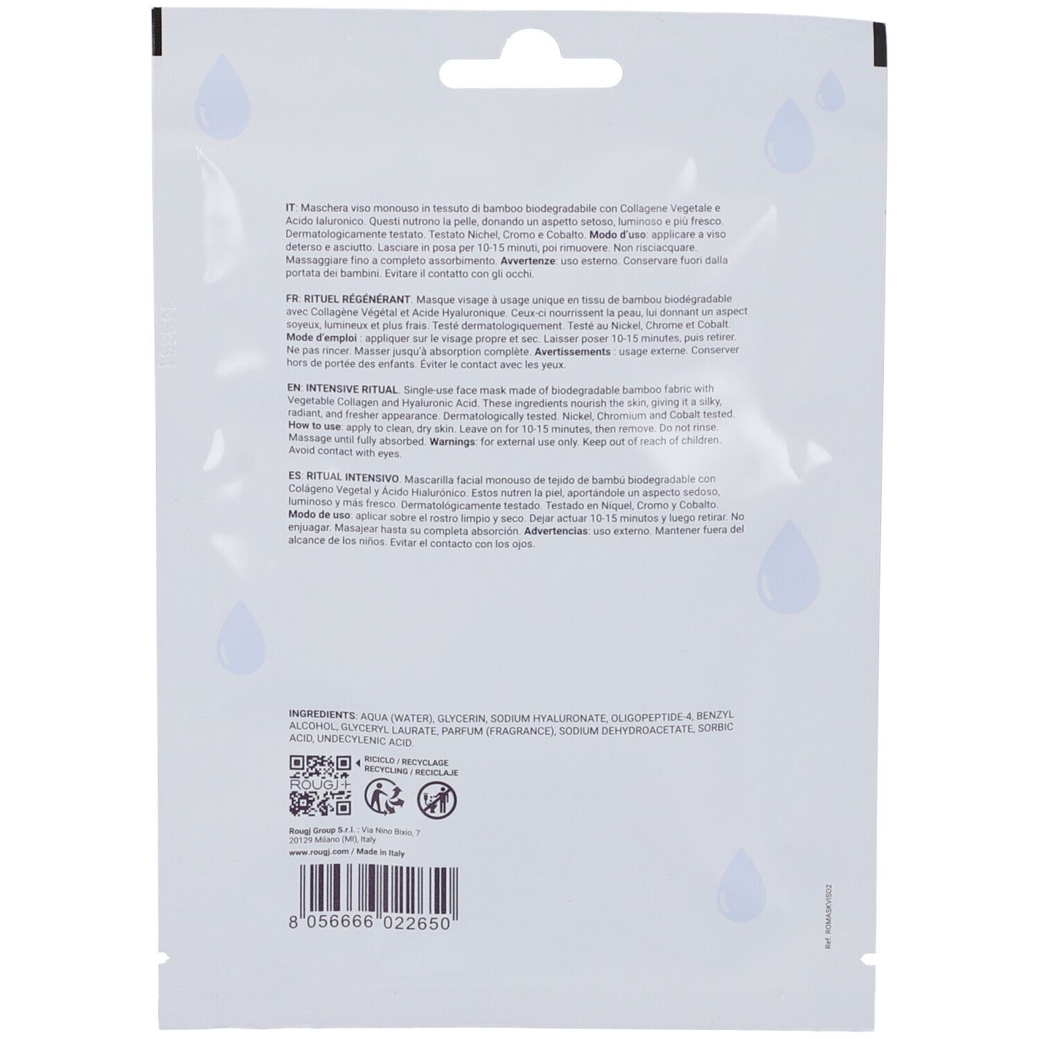 Retro della confezione della maschera viso. Testo: ingredienti, istruzioni per l'uso. Con simboli di materiale riciclabile. Marchio ROUGJ-.