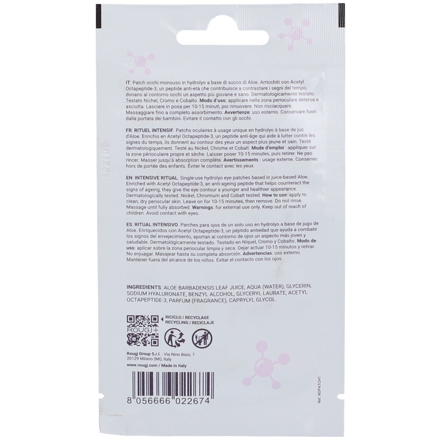 Retro della confezione patch occhi. Ingredienti: aloe, acido ialuronico, peptidi. Testo in italiano, francese, inglese, spagnolo.