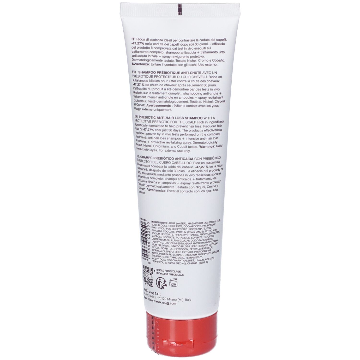 Retro del tubo. Testo multilingue. Chiusura rossa.
